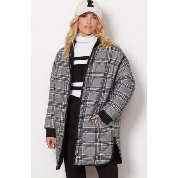 Evereve Georgetown Coat Faux Leather Long Quilted Reversible Plaid Jacket XS - Picture 2 of 16